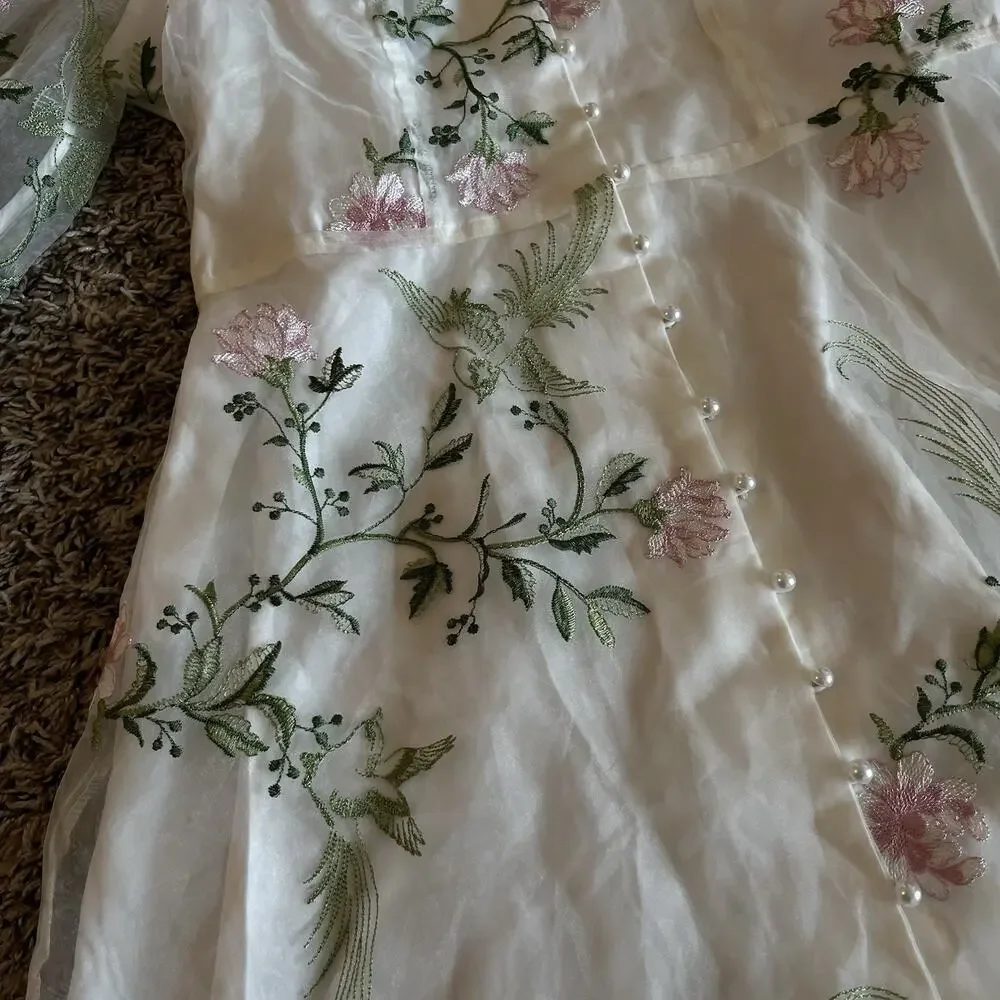 Foral Embroidery Mesh Dress Fairytale Cottage Core Fit M - Picture 5 of 8